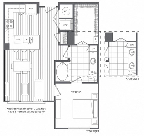 Floor plan for 1 bed, 1 bath, 736 sqft