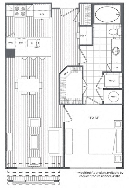 Floor plan for 1 bed, 1 bath, 737 sqft
