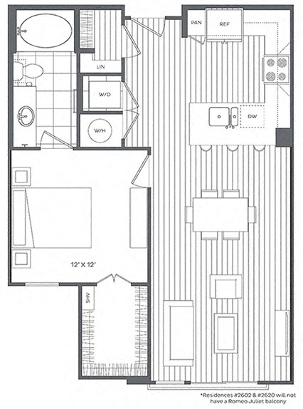 Floor plan for 1 bed, 1 bath, 774 sqft