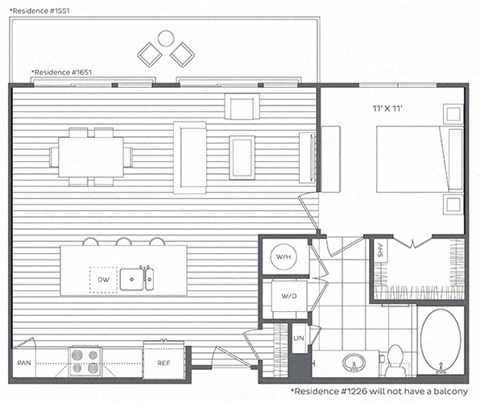 Floor plan for 1 bed, 1 bath, 792 sqft