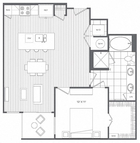 Floor plan for 1 bed, 1 bath, 795 sqft