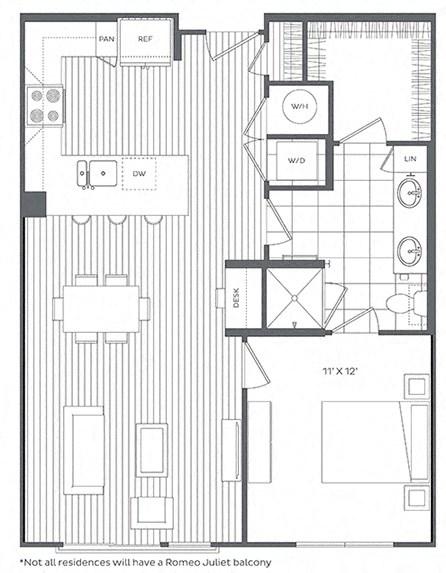 Floor plan for 1 bed, 1 bath, 827 sqft