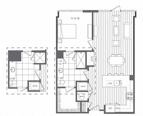Floor plan for 1 bed, 1 bath, 802 sqft