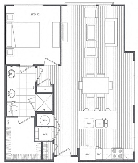 Floor plan for 1 bed, 1 bath, 850 sqft