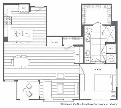 Floor plan for 1 bed, 1 bath, 927 sqft