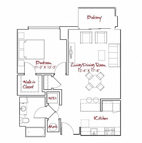 Floor plan for 1 bed, 1 bath, 800 sqft