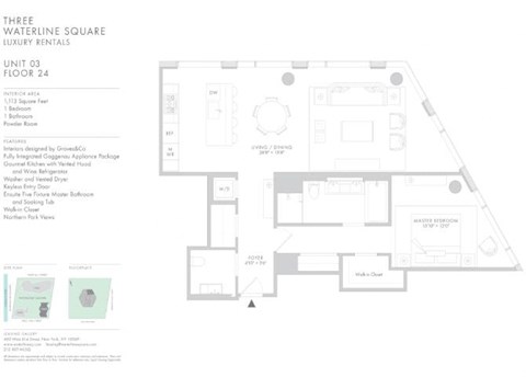 Floor plan for 1 bed, 1.5 baths, 1113 sqft