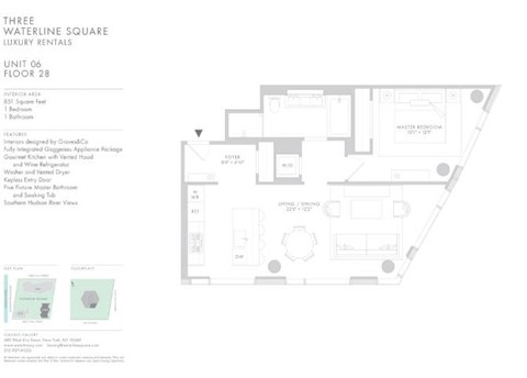 Floor plan for 1 bed, 1 bath, 851 sqft