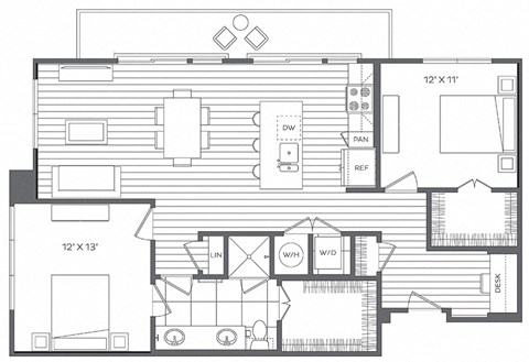 Floor plan for 2 beds, 2 baths, 1067 sqft