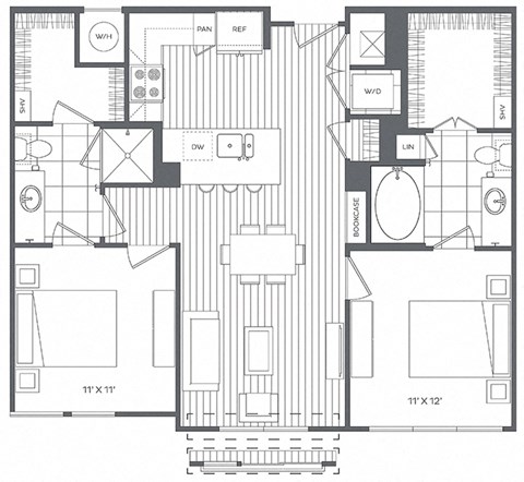 Floor plan for 2 beds, 2 baths, 955 sqft