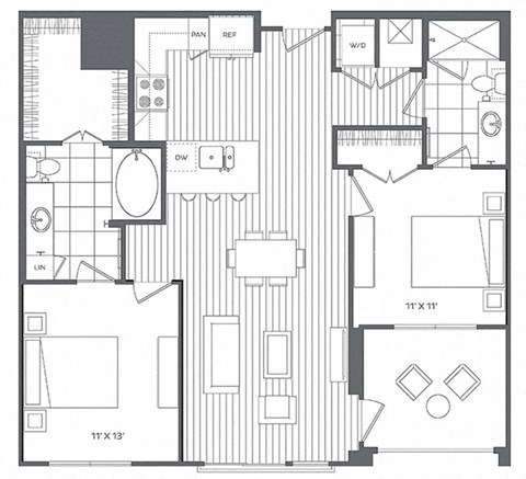 Floor plan for 2 beds, 2 baths, 1124 sqft