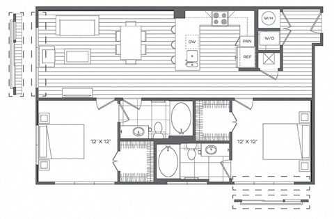 Floor plan for 2 beds, 2 baths, 1114 sqft