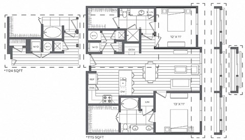 Floor plan for 2 beds, 2 baths, 1124 sqft