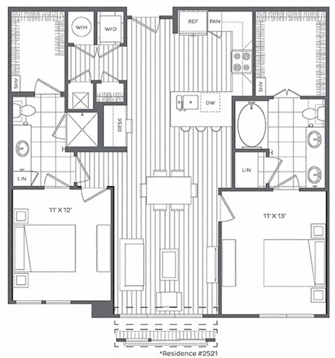 Floor plan for 2 beds, 2 baths, 1131 sqft