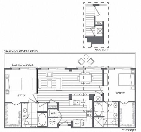 Floor plan for 2 beds, 2 baths, 1133 sqft