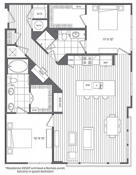 Floor plan for 2 beds, 2 baths, 1249 sqft