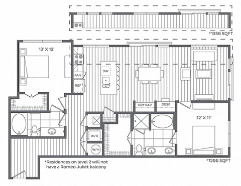 Floor plan for 2 beds, 2 baths, 1356 sqft