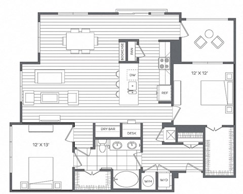Floor plan for 2 beds, 2 baths, 1336 sqft