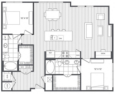 Floor plan for 2 beds, 2 baths, 1336 sqft