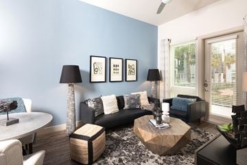 Plano apartment for rent - a living room with a blue accent wall and a black couch