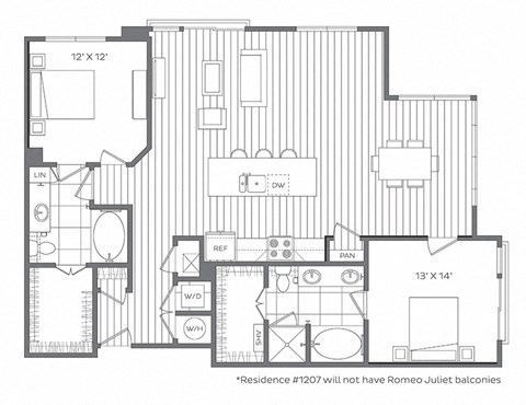 Floor plan for 2 beds, 2 baths, 1411 sqft
