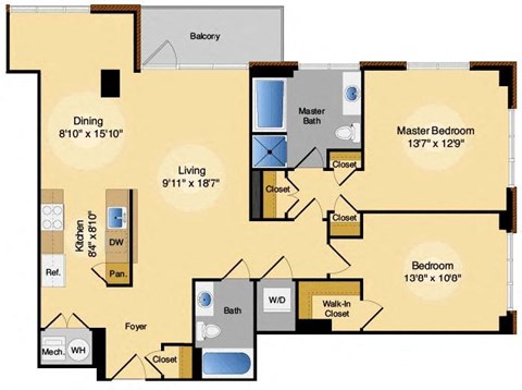 Floor plan for 2 beds, 2 baths, 1157 sqft