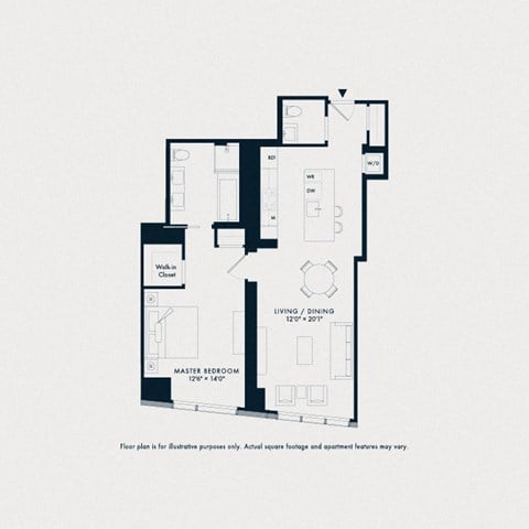 Floor plan for 1 bed, 1.5 baths, 1036 sqft
