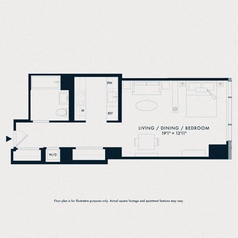 Floor plan for studio, 1 bath, 597 sqft