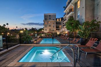 Amenities-lighted pool at night