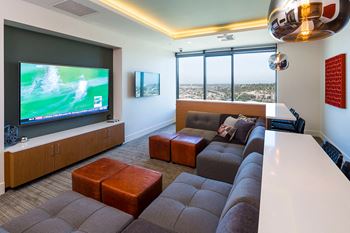 Amenities-media room with large tv screen and built-in speaker system
