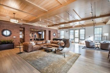 Melrose apartment for rent - A living room with a brown sofa and a grey rug.