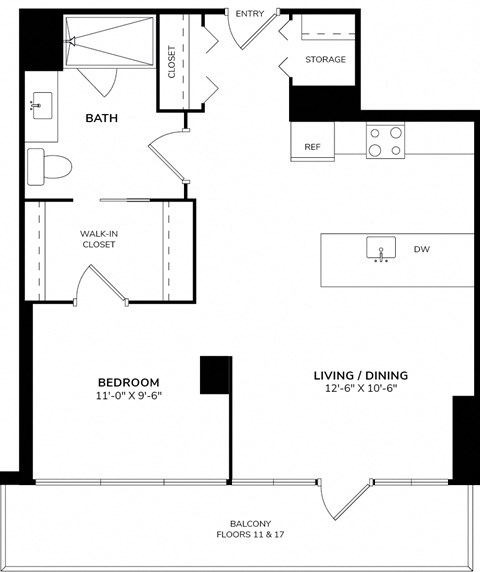 Floor plan for studio, 1 bath, 660 sqft