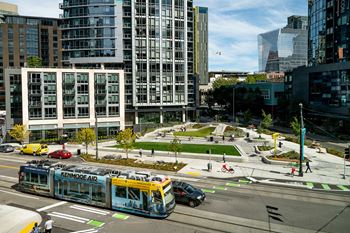 Urban triangle park in front of community