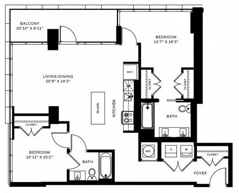Floor plan for 2 beds, 2 baths, 1052 sqft