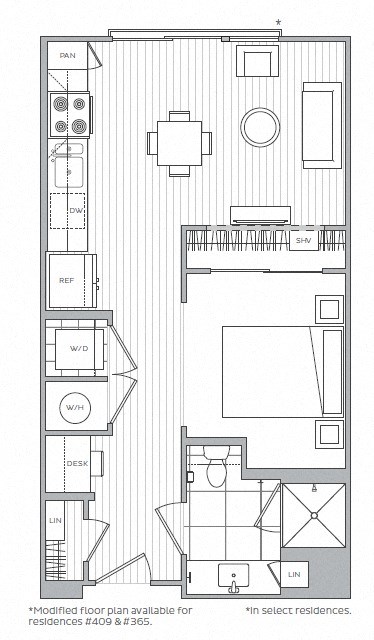 Floor plan for studio, 1 bath, 528 sqft
