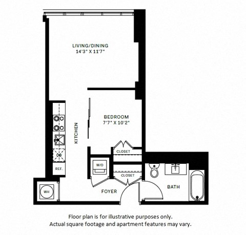 Floor plan for 1 bed, 1 bath, 532 sqft