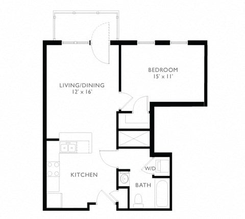 Floor plan for 1 bed, 1 bath, 610 sqft