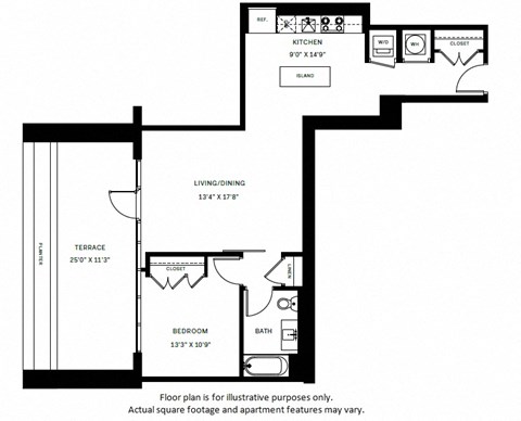 Floor plan for 1 bed, 1 bath, 782 sqft