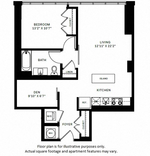 Floor plan for 1 bed, 1 bath, 785 sqft