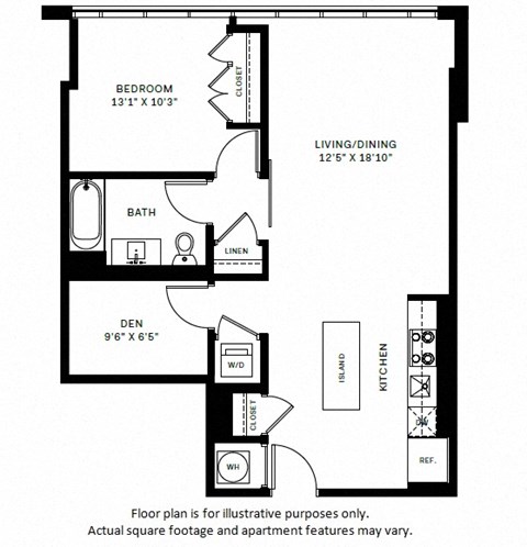 Floor plan for 1 bed, 1 bath, 795 sqft