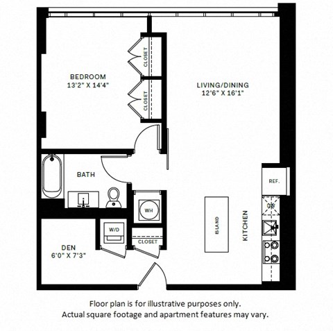 Floor plan for 1 bed, 1 bath, 818 sqft