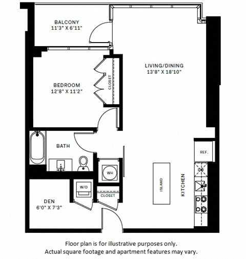 Floor plan for 1 bed, 1 bath, 823 sqft
