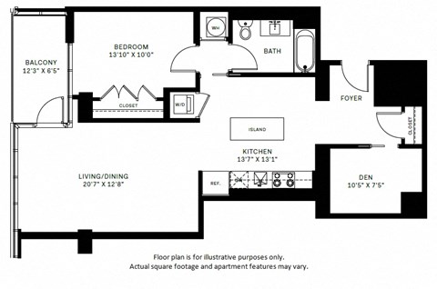 Floor plan for 1 bed, 1 bath, 921 sqft