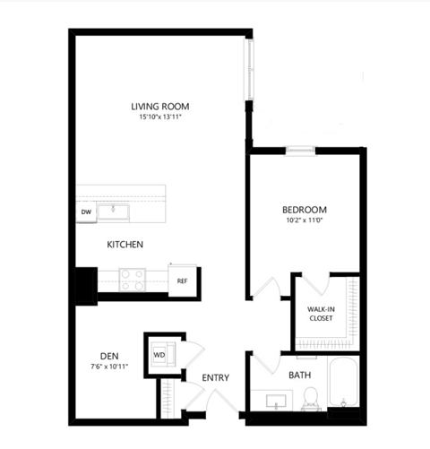 Floor plan for 1 bed, 1 bath, 881 sqft