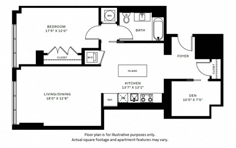 Floor plan for 1 bed, 1 bath, 934 sqft