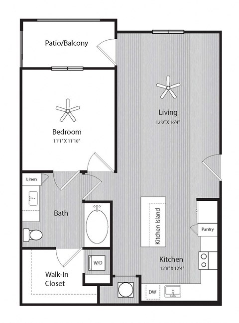 Floor plan for 1 bed, 1 bath, 756 sqft