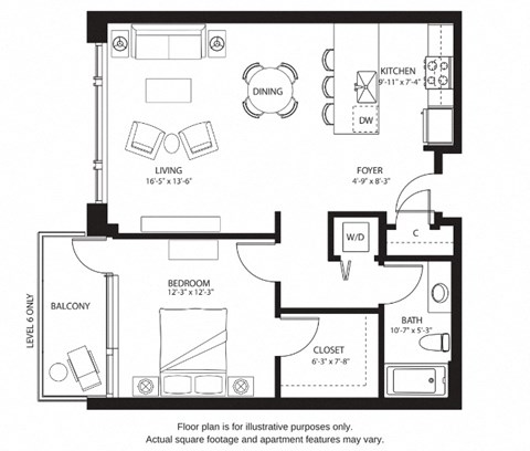 Floor plan for 1 bed, 1 bath, 830 sqft