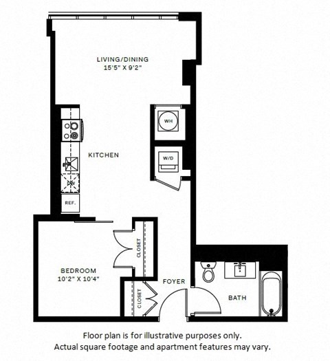 Floor plan for 1 bed, 1 bath, 597 sqft