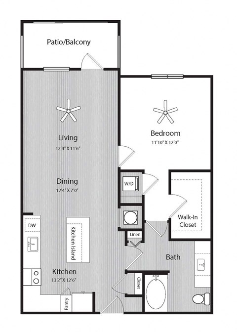 Floor plan for 1 bed, 1 bath, 813 sqft