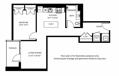 Floor plan for 1 bed, 1 bath, 610 sqft